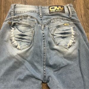 ONE WORLD Stretch Light Blue Distressed Skinny Jeans High Waist Pants Pushup 5